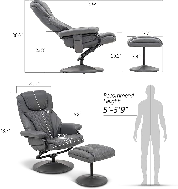 MCombo Recliner with Ottoman, Reclining Chair with Massage, 360 Swivel Living Room Chair Faux Leather, 4901 (Grey)