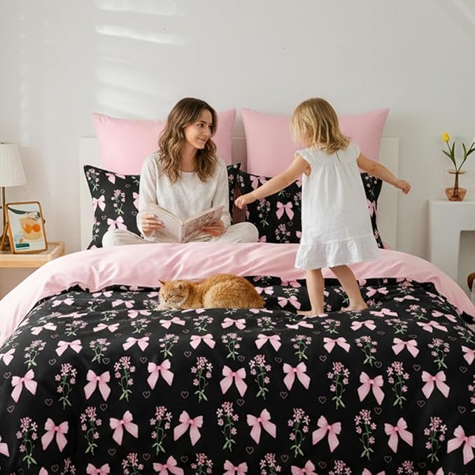 Full Duvet Cover 3Pcs Black Pink Bow Bedding Set for Girls Kids, Cute Floral Bowknot Design, Super Soft 100% Microfiber Comforter Cover (2 Pillowcases, No Comforter)