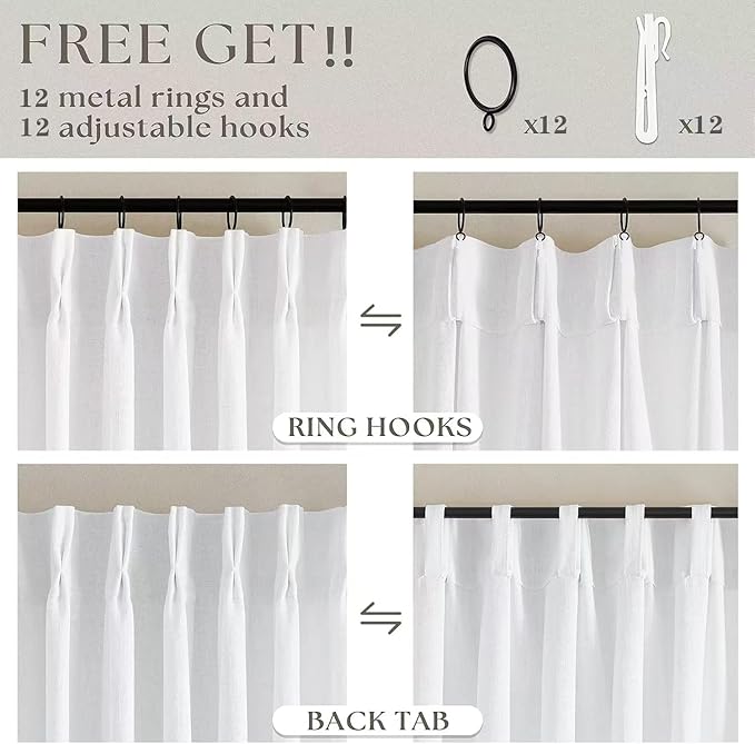 Snow White Pinch Pleated Linen Curtains 1 Panel for Living Room Bedroom Memory Training Shaped Semi Sheer Pleat Drapes with Hooks Rings Light Filtering Window Curtain 60x108