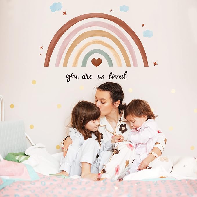 Containlol Rainbow Wall Decals, Playroom Wall Decor for Girl Room, Watercolor Peel and Stick Wallpaper, Boho Wallpaper 30 x 14 Inch Heart Art Stickers for Toddler Bedroom Nursery(Orange,Boho)