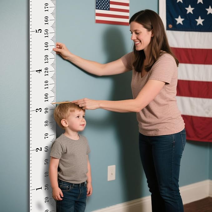 Growth Chart for Wall with Clear Adhesive Hook, Waterproof Canvas Adult Growing Kids Baby Height Measuring Hanging Ruler, 6.56 Feet for Nursery, Child Room Decor (Wood Frame, 78.7"x7.9" Simple)