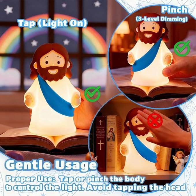 Jesus Night Light Rechargeable Bedside Night Light Dimmable Silicone LED Light Ideal for Religious Gatherings, Gifts for Sunday School, Baptism Presents, Easter Egg Decorations (Blue)