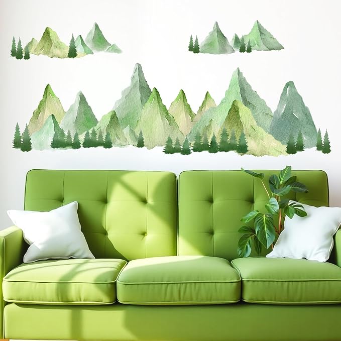 Watercolor Mountain Wall Decal Large Mountains Tree Wall Stickers Peel and Stick Green Pine Tree Decals Nature Art Big Mountain Stickers Forest Decal for Bedroom Living Room Decor