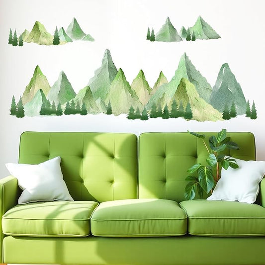 Watercolor Mountain Wall Decal Large Mountains Tree Wall Stickers Peel and Stick Green Pine Tree Decals Nature Art Big Mountain Stickers Forest Decal for Bedroom Living Room Decor