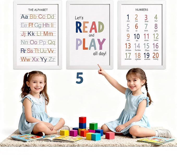 Cute Alphabet Numbers Framed Wall Art Set of 3, Boho Educational ABC Poster Wooden Sign for Baby Girl Kid Boy Toddlers, Neutral Preschool English Letters Nursery Decor for Homeschool Playroom Daycare