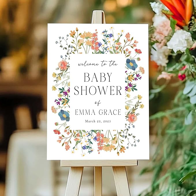 Personalized Floral Frame Baby Shower Welcome Sign - Wildflower Announcement Yard Sign - Elegant Girl Baby Shower Entrance Decor