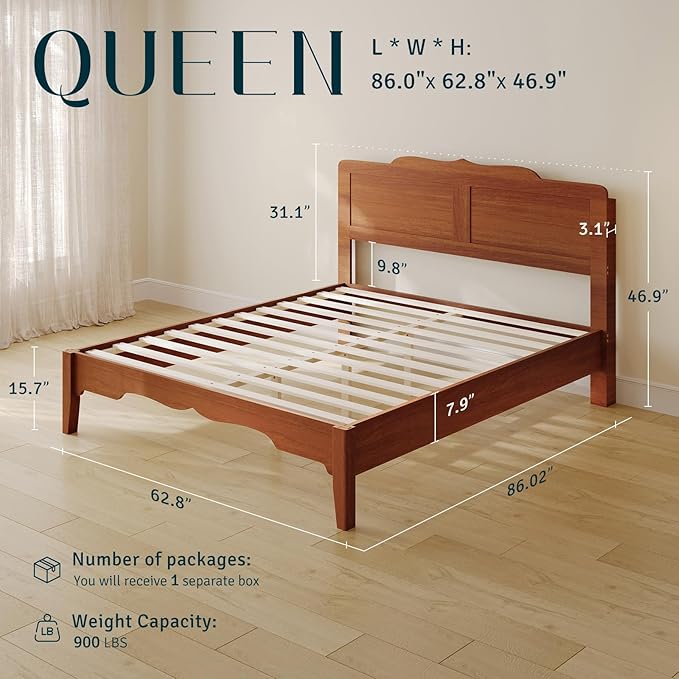 Queen Bed Frame with Headboard, Wooden Platform Bed with Wood Slats Support, Modern Bed Frame with Storage&Charging Station, No Box Spring Needed, Easy Assembly, Noise Free, Brown
