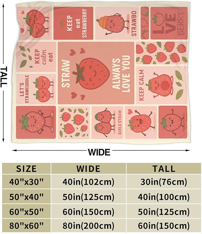 Cute Strawberry Blanket Funny Cartoon Berry Fruit Throw Blanket Soft Cozy Fleece Fuzzy Plush Warm Stuff Bedding Nursery Toddler Baby Blankets Gifts for Boys Girls Kids Adult Men Women 50"X60"