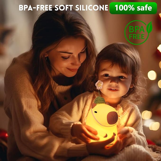 Cute Capybara Night Light, Squishy Animal Flower Lamp with Rechargeable Timer Dimmable, Nursery Nightlight Home Bedside Decor Birthday Christmas White Elephant Gift for Kids Women Friend