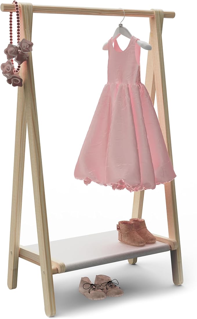 Dress up Rack, Child Garment Rack, Kids Clothing Rack with Storage Shelf (Natural Pine, 29.5" L x 14.5" W x 43.7" H)