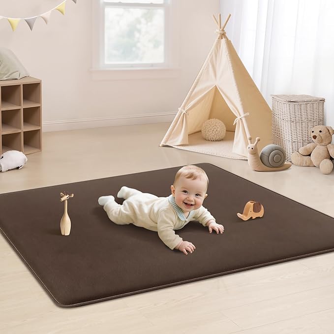 PapaMama Ultra Soft Baby Play Mat for Floor, 1.3" Thick Memory Foam 50x50 Playpen Mat with Non-Slip Backing, Coral Velvet Child Nursery Rug, Tummy Time & Crawling & Yoga Mat for Infant, Toddlers, Kids
