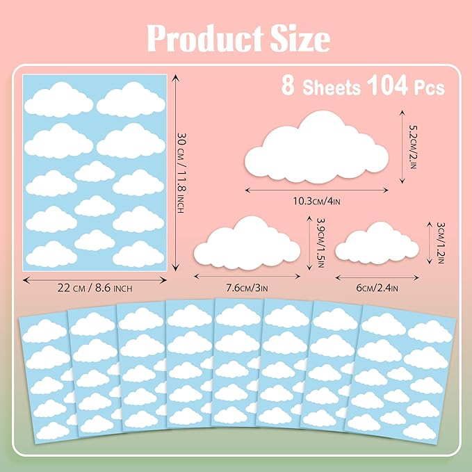 Cloud Wall Decals, 8 Sheets 104Pcs White Clouds Vinyl Wall Stickers Peel and Stick Cloud Decals for Bedroom Home Nursery Classroom Wall Art Decorations