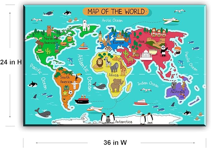 SZ HD Painting World Map Canvas Wall Art for Kids Room, Typical Animals on Continent Map of the World Canvas Prints for Children Education, Ready to Hang, 1" Deep, Waterproof