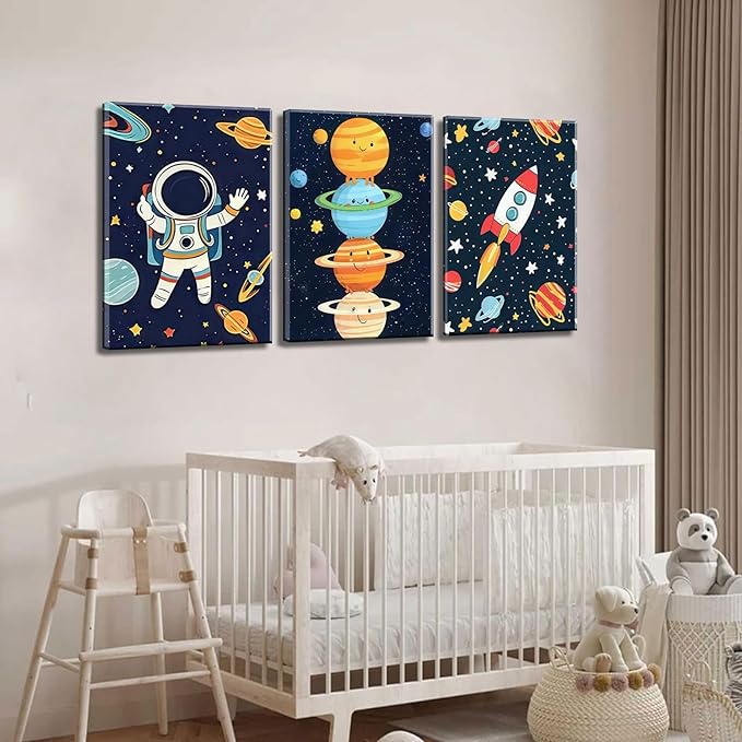 3Pcs Space Nursery Canvas Wall Art Whimsical Outer Space Astronauts Kid Decor Pictures Rocket Planet Posters Prints for Boys Room Girls Room Kids Room Decoration