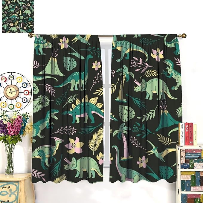 Dinosaurs Blackout Curtains Cartoon Cute Funny Dino Tropical Jungle Green Art Print for Kids Boys Bedroom Living Room Rod Pocket Decoration Window Drapes 2 Panels W27.5xL63in