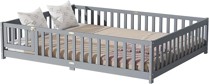 Queen Size Floor Bed for Kids, Wood Montessori Floor Beds with Fence Railings, Door & Slats Support, Queen Playhouse Bed Frame for Boys Girls, No Box Spring Needed, Gray