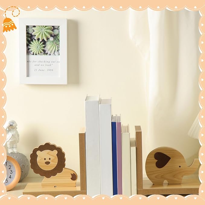 Harloon 2 Pcs Animal Bookends for Kids Wooden Decor Lion Elephant Animal Safari Bookends Decor for Girl Childrens Bedroom Home Nursery