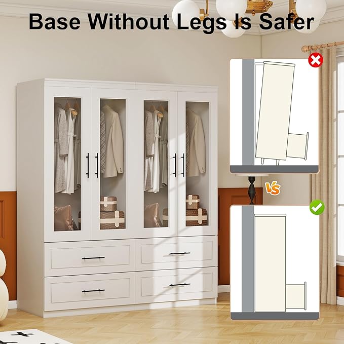 Armoire Wardrobe Closet with Glass Door: White 4 Glass Door Wood Wardrobe Closet with 4 Drawer Wooden Bedroom Armoire with Hanging Rods for Home/Bedroom/Living Room
