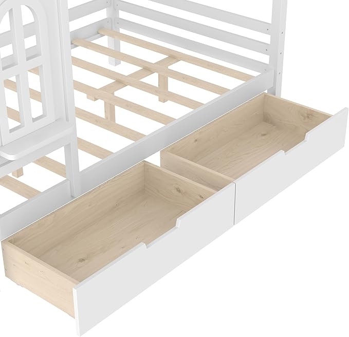 MERITLINE Full Size House Bed with Storage Drawers & Window, Solid Wood Platform Bed Frame with Shelves, No Spring Box Needed, Childlike Design for Kids, Girls, Boys, Light White