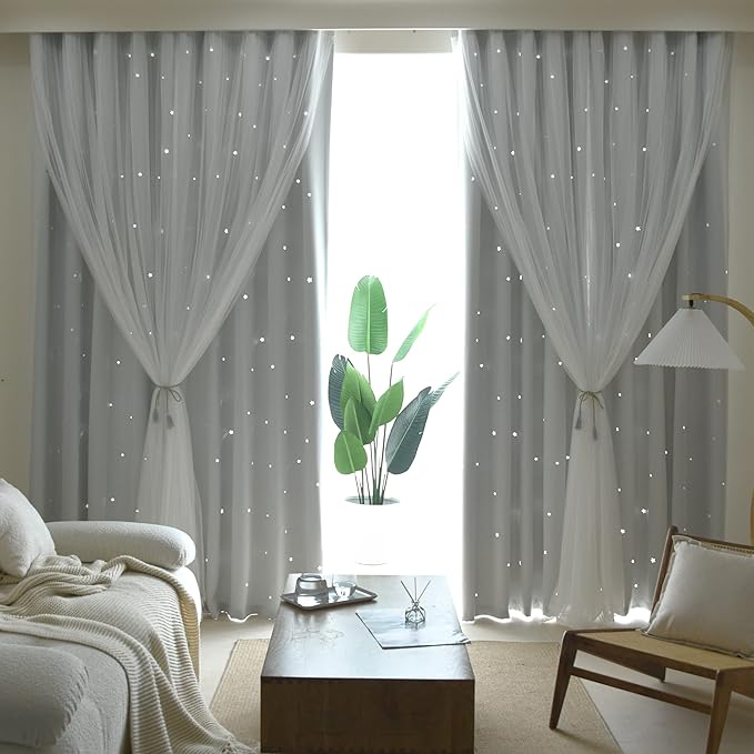 Kinryb Kids Star Cutout Curtains for Bedroom/Living Room/Classroom,2 Free Tiebacks Sheer Overlay 2 Panel Set, Double Layer Curtains for Kids Room(Each Piece W70xL84 Inches 2 Pcs Greyish White)
