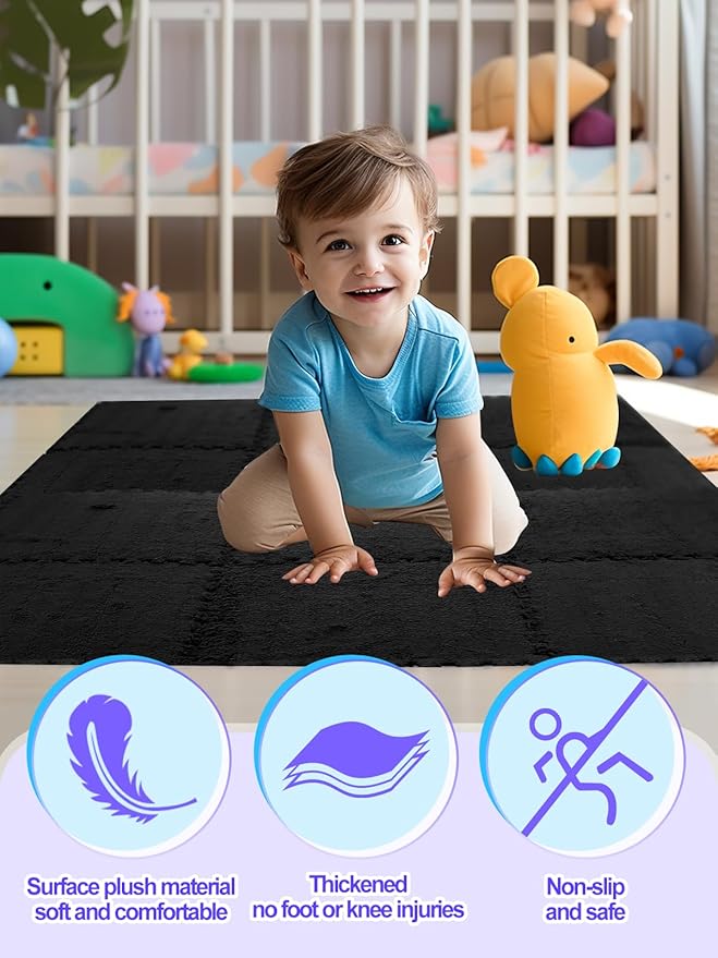 12 pcs Thickened Plush Foam Interlocking Floor Mats, Interlocking Foam Tiles with Edgings for Kids, Soft Anti-Slip Puzzle Area Square Rug Playmat for Children Room Flat (11.8", Black)