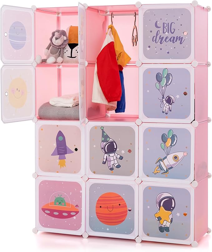 INFANS Children Wardrobe, Kid Closet Portable Baby Dresser Cute for Kids Bedroom Nursery Armoire with Doors 12 Cube 2 Hanging Sections, Kid Clothes Storage Organizer (Pink, 12 Cubes)