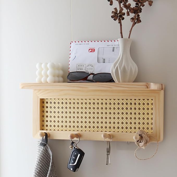 FRIADE PE Rattan Key Holder with 4 Key Hooks,Wall Mounted Decorative Floating Shelf for Entryway,Nursery,Mudroom, Hallway, Office (Burlywood)