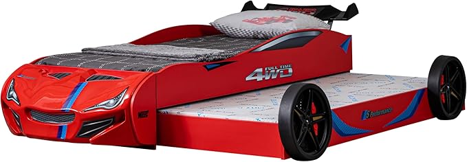 Furniture of America Redvers Modern Wood Twin-Size Kid Bed with Race Car Design and Pull-Out Trundle, No Box Spring Required for Toddler, Teens, Boys or Girls, Red