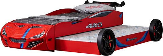 Furniture of America Redvers Modern Wood Twin-Size Kid Bed with Race Car Design and Pull-Out Trundle, No Box Spring Required for Toddler, Teens, Boys or Girls, Red