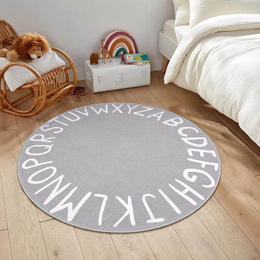 LIVEBOX Grey ABC Kids Rug for Playroom, Baby Nursery, Kids Room, Soft Circle Carpet Learning Crawling Mat for Classroom Dorm (40", Grey)