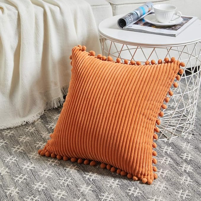 Fancy Homi 2 Pack Burnt Orange Small Decorative Throw Pillow Covers 14x14 Inch with Pom-poms for Couch Bedroom Living Room, Soft Corduroy Solid Rectangle Cushion Case 35x35 cm, Boho Fall Home Decor
