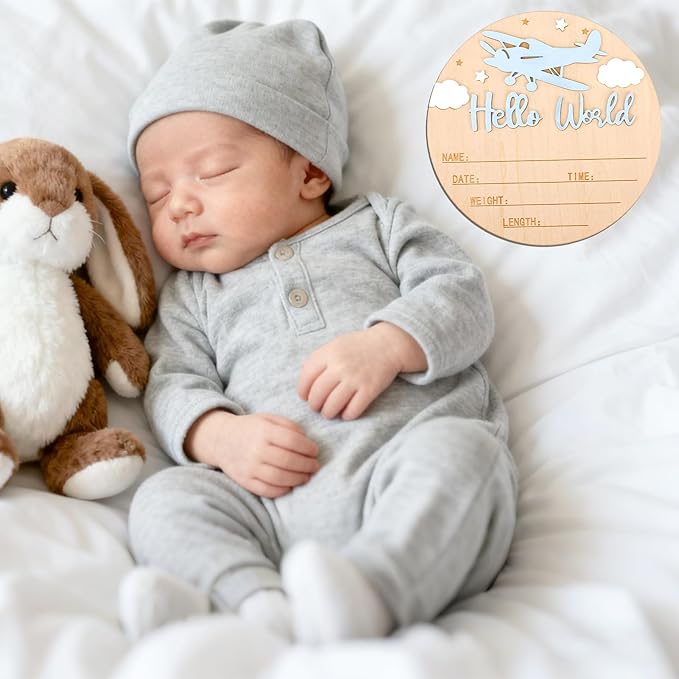 Hello World Newborn Sign with Pen, 5.9in Round Newborn Welcome Birth Name Sign Airplane and Cloud Decoration Baby Boy Girl Announcement Board for Hospital Nursery Home Decor Photo Props