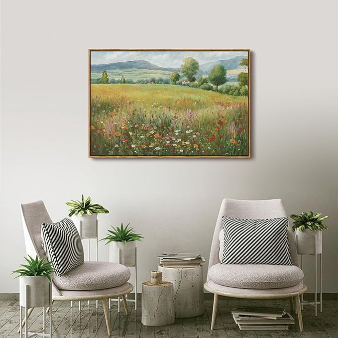OIQArtOIQ Vintage Landscape Framed Wall Art Spring Countryside Colorful Wildflower Field Canvas Art Prints Farmhouse Cottagecore Pictures Wall Decor Rustic Meadow Paintings Artwork For Kitchen Bedroom