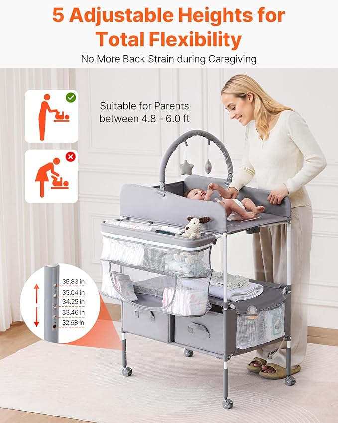 VEVOR Baby Changing Table, Foldable Diaper Change Station with 2 Fabric Drawers, Side Basket and Hanging Rod, Adjustable Height Changing Table with Lockable Wheels and 2 Star Toys, Light Gray