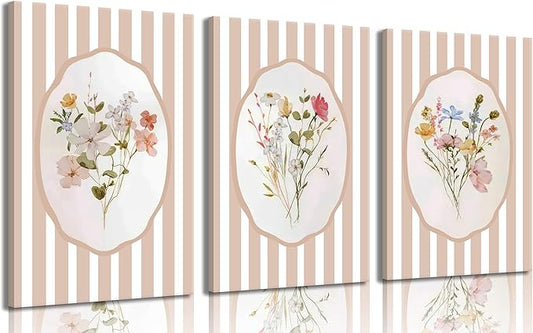 3Pcs Pink Flower Canvas Wall Art Light Pink Striped Plant Painting Picture Wall Decor Elegant wildflowers Poster Print Artwork for Bedroom Preppy dormitory Living Nursery Room Home Decoration