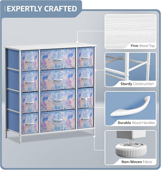 Sorbus Kids Dresser with 12 Drawers - Chest Organizer Unit with Steel Frame Wood Top & Handle, Fabric Bins for Clothes - Large Furniture for Bedroom Hallway Kids Room Nursery & Closet (Blue - Tie-dye)
