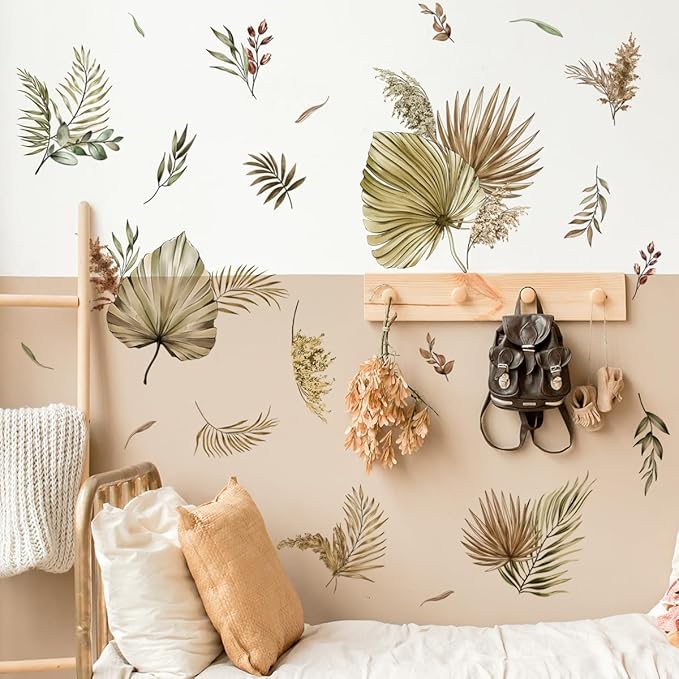 Large Boho Palm Leaves Wall Decals Fall Leaf Wall Stickers for Living Room Bedroom TV Background Wall Decor