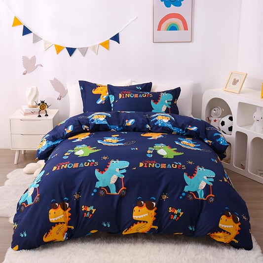 JSD Sports Dinosaur Kids Duvet Cover Set Queen Size, 3 Piece Cute Printed Microfiber Comforter Cover with Pillow Shams Zipper Closure, Comforter Not Included