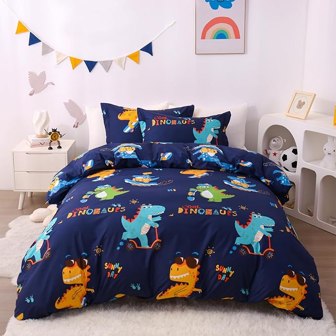 JSD Sports Dinosaur Kids Duvet Cover Set Full Size, 3 Piece Cute Printed Microfiber Comforter Cover with Pillow Shams Zipper Closure, Comforter Not Included