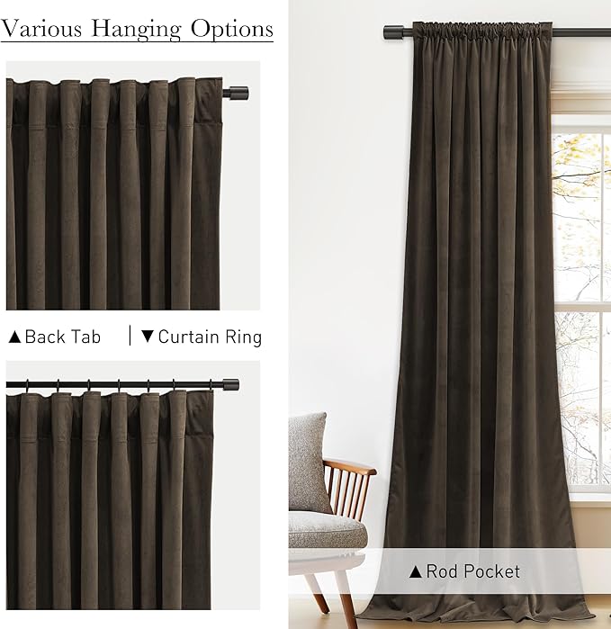 StangH Brown Velvet Curtains - Room Darkening Thermal Insulated Drapes for Bedroom, Living Room, Home Theater - Privacy Protect Decorative Window Treatment, 2 Panels Set, 52 x 96 Inches