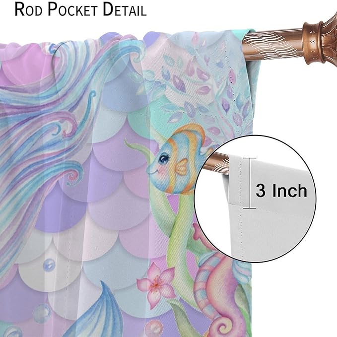 Fantasy Mermaid Curtain Dream Cartoon Marine Organisms Turtle Coral Ocean Theme Dream Blackout Window Treatment for Kids Girls Bedroom Nursery Room Decor Rod Pocket Window Drapes 84x84in