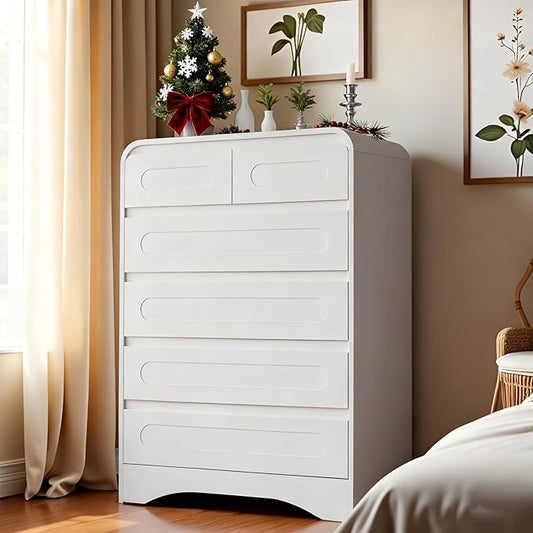 Dresser for Bedroom with 6 Drawers, 44" Tall Modern Dressers & Chest of Drawers with Curved Profile Design, Wood Closet Clothes Storage Dressers Organizer for Bedroom Living Room Hallway, White