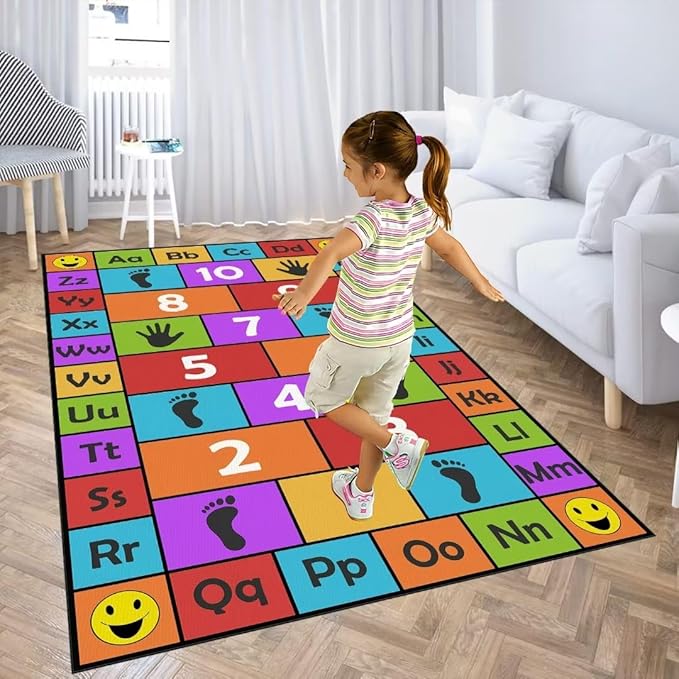 Kid Hopscotch Play Rug, ABC Alphabet Number Educational Carpet, Playroom Classroom Mat Non-Slip Washable (Red 71x106 in)