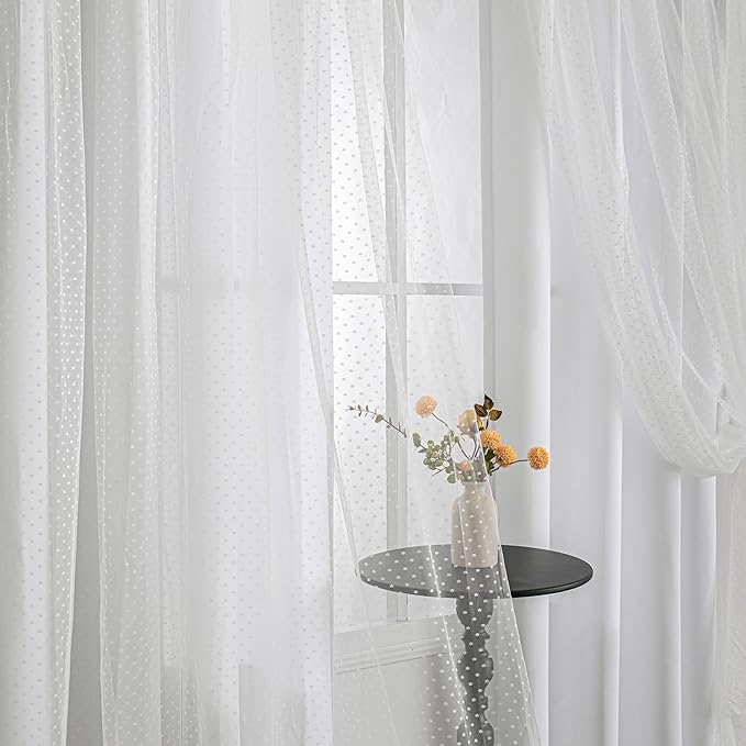 MYSKY HOME White Curtains for Girls Bedroom & Nursery Kids Cute Curtains Double Layer with Polka Dots Sheer, Grommet Tops, 52x84 Inch Each Panel, 2 Panels