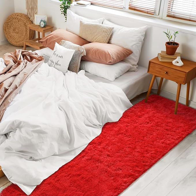 BENRON Soft Runner Rugs for Bedroom 2x8, Washable Long Runners for Hallway Entryway Kitchen Dorm, Fluffy Throw Rug for Kids Girls Room Decor Photo Prop, Red