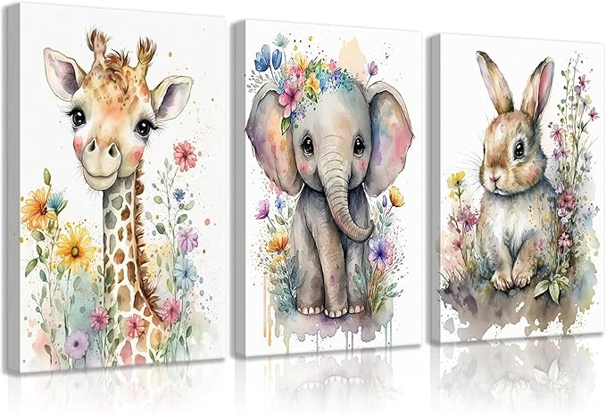 3Pcs Baby Watercolor Safari Animals Nursery Canvas Wall Art Cute Jungle Animals with Wildflower Picture Posters Wall Decor Giraffe Elephant Rabbit Painting Print Artwork for Kids Children Room 12x16in