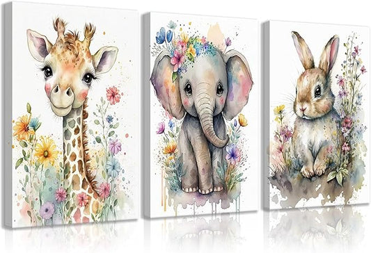 3Pcs Baby Watercolor Safari Animals Nursery Canvas Wall Art Cute Jungle Animals with Wildflower Picture Posters Wall Decor Giraffe Elephant Rabbit Painting Print Artwork for Kids Children Room 12x16in