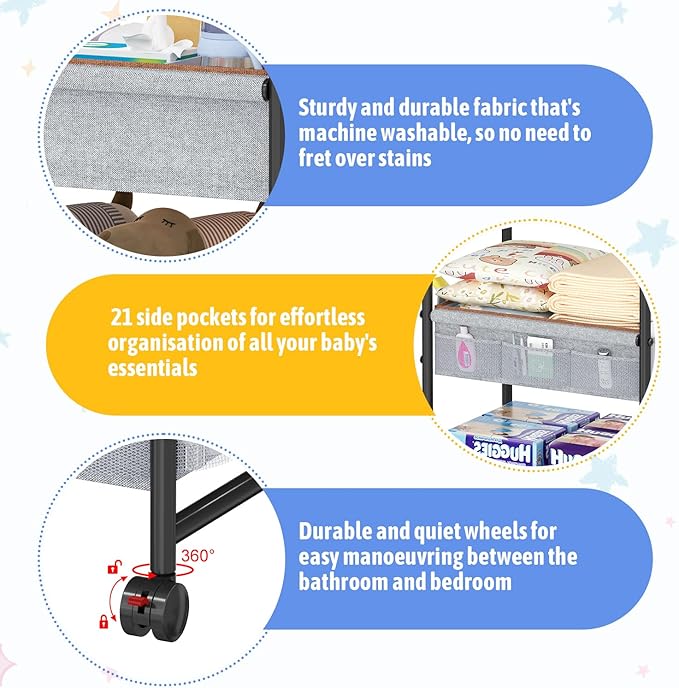 4-Tier Rolling Storage Cart,Baby Diaper Caddy Cart Organizer, Nursery Baby Dresser Organizer with Wheels,with 2 Dividers & 21 Mesh Pockets，Metal Utility Cart for Nursery,Bedroom,Bathroom