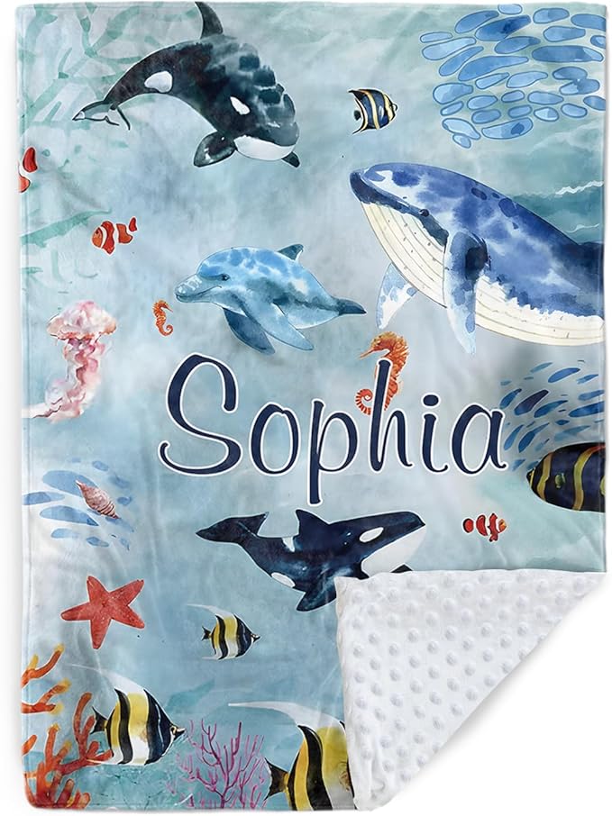 Custom Baby Blanket - Ocean Animals Theme Personalized Name Blanket for Boys Girls, Soft Infant Toddler Blanket with Whale and Dolphin, Customizable Nursery Bedding (60" x80)