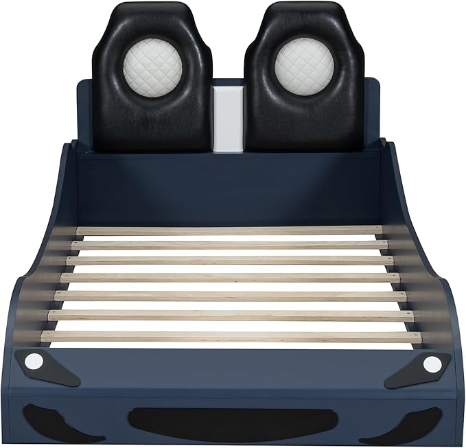 Merax Twin Size Race Car Bed with LED and Upholstered Backrest Headboard, PU Car-Shaped Platform Bedframe with Wheels and Guardrails, Wood Slat Support, No Box Spring Needed